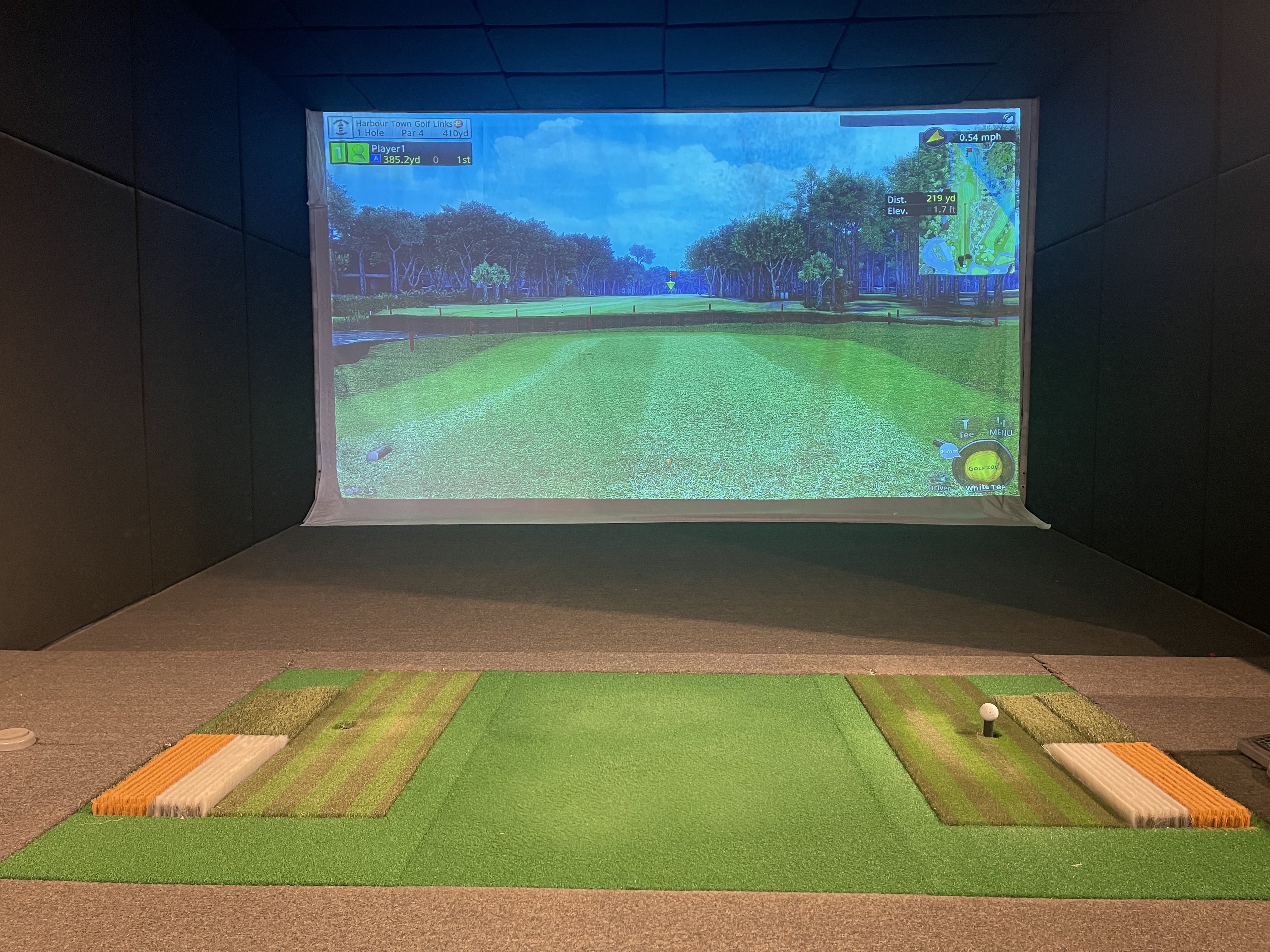 Indoor golf simulator bay at Genesee Park Golf Club