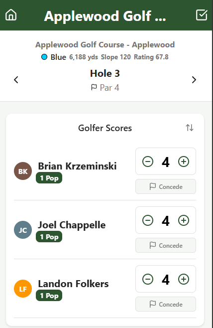 Active game screen showing hole-by-hole score entry