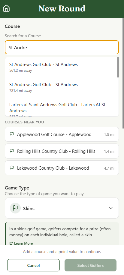 New Round screen: a search for St Andre listing St Andrews courses with their distance