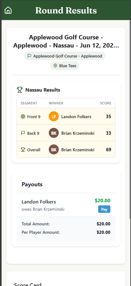 Game results showing skins leaderboard and Venmo payout totals