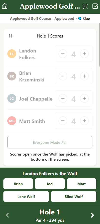 Hole 1 of a Wolf game: the bar at the bottom reads Landon Folkers is the Wolf, with buttons for Brian, Joel, Matt, Lone Wolf and Blind Wolf