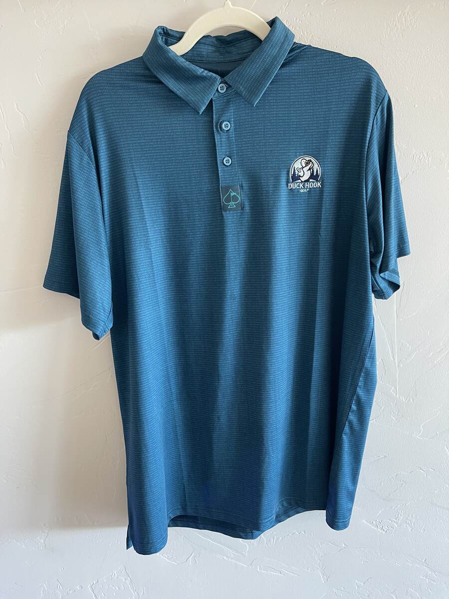 Teal Duck Hook Golf performance polo, front with embroidered logo