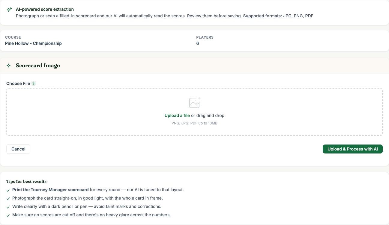 Scorecard upload screen: drag and drop a JPG, PNG, or PDF, then Upload and Process with AI, with tips for the best results
