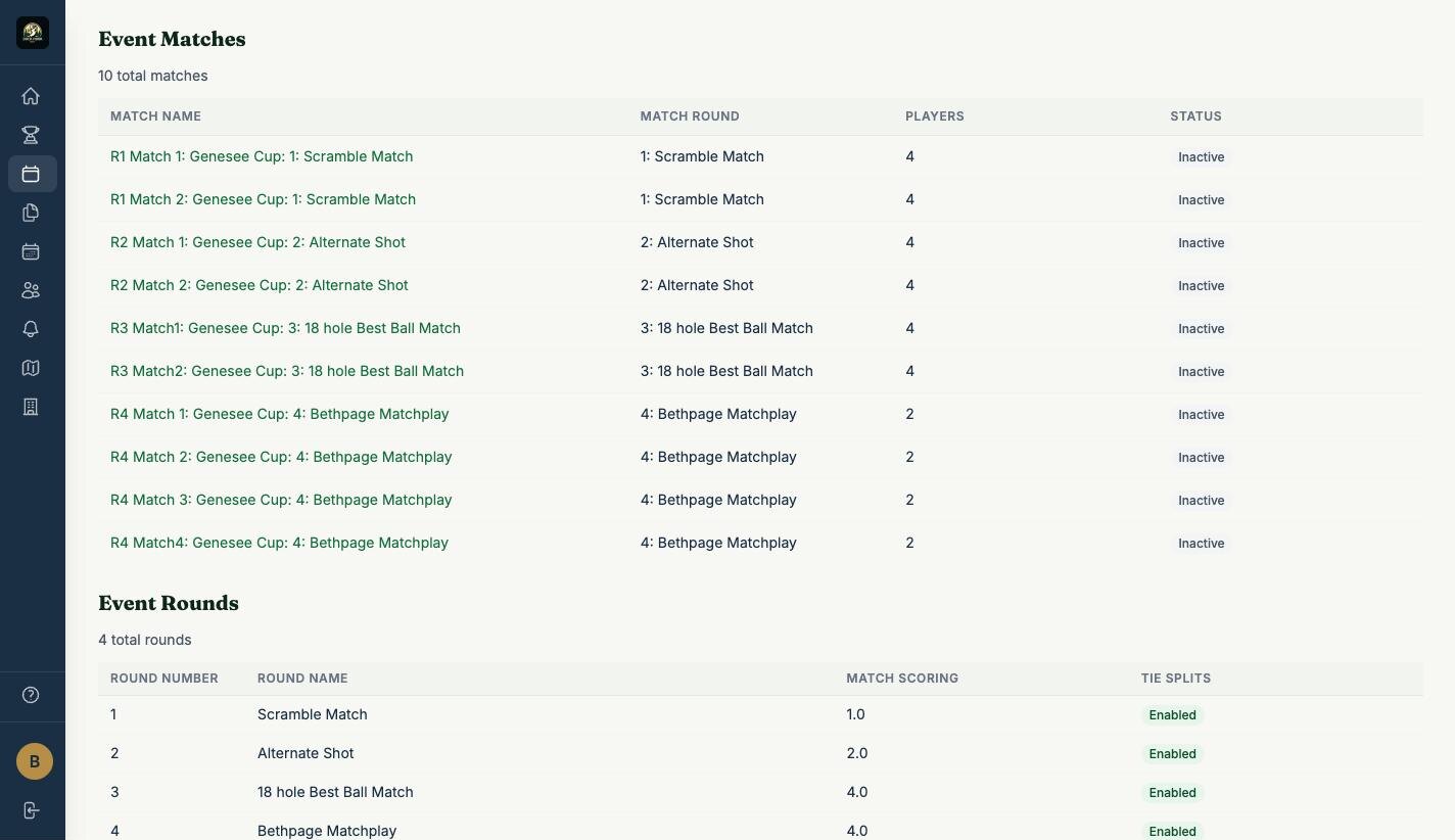 Complex event with ten matches across four rounds, each round a different format: Scramble Match, Alternate Shot, 18-hole Best Ball Match, and Match Play, each with its own point value
