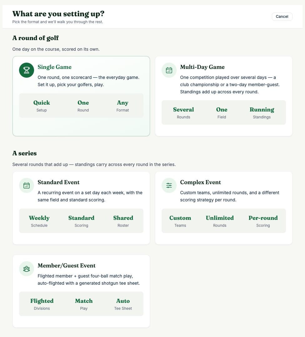 Setup screen asking what you're setting up: Single Game, Multi-Day Game, Standard Event, Complex Event, or Member/Guest Event