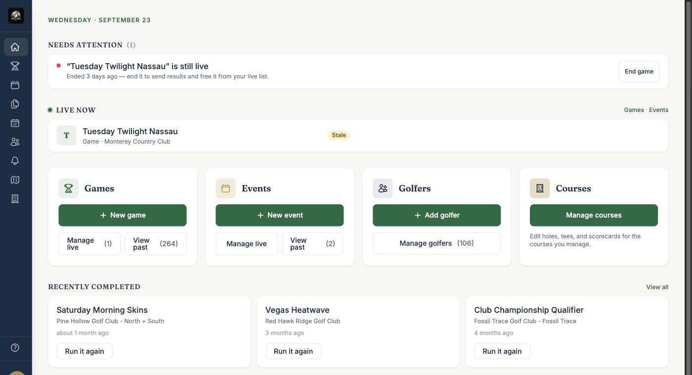 Duck Hook Pro dashboard with a Needs Attention list, live games, quick actions for games, events, golfers and courses, and Run it again on recently completed games