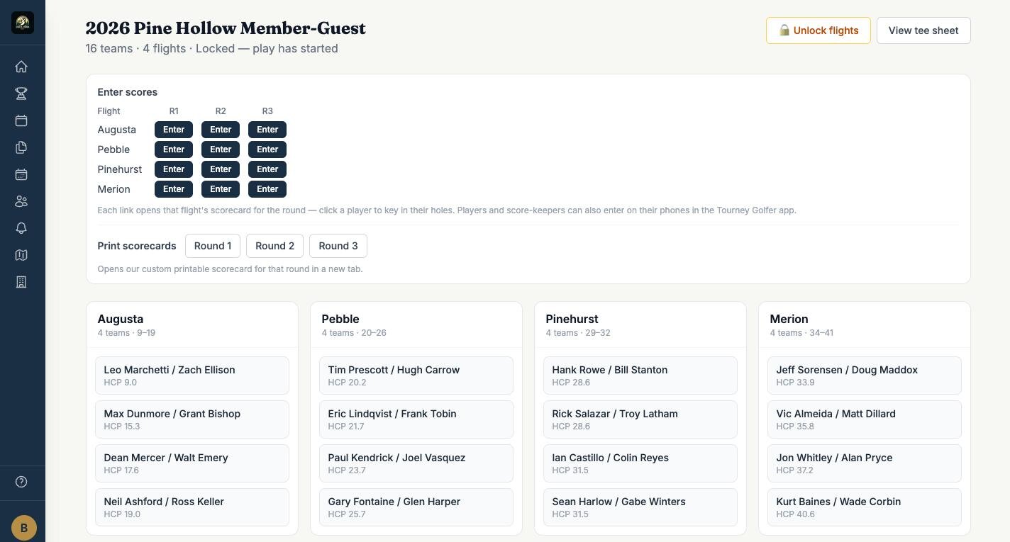 Member/guest dashboard with sixteen teams in four flights, each team's combined handicap, and score-entry buttons for every flight and round
