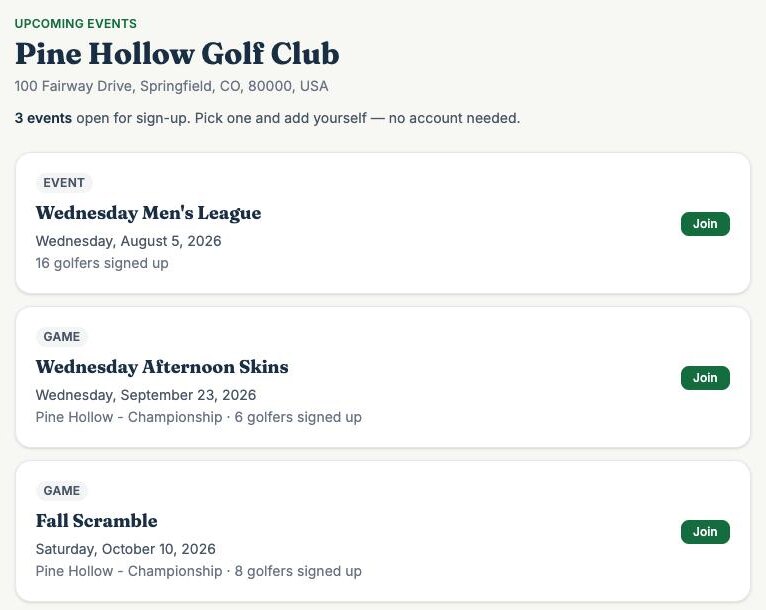 A club's public event board listing a weekly league, a skins game, and a fall scramble, each with a Join button
